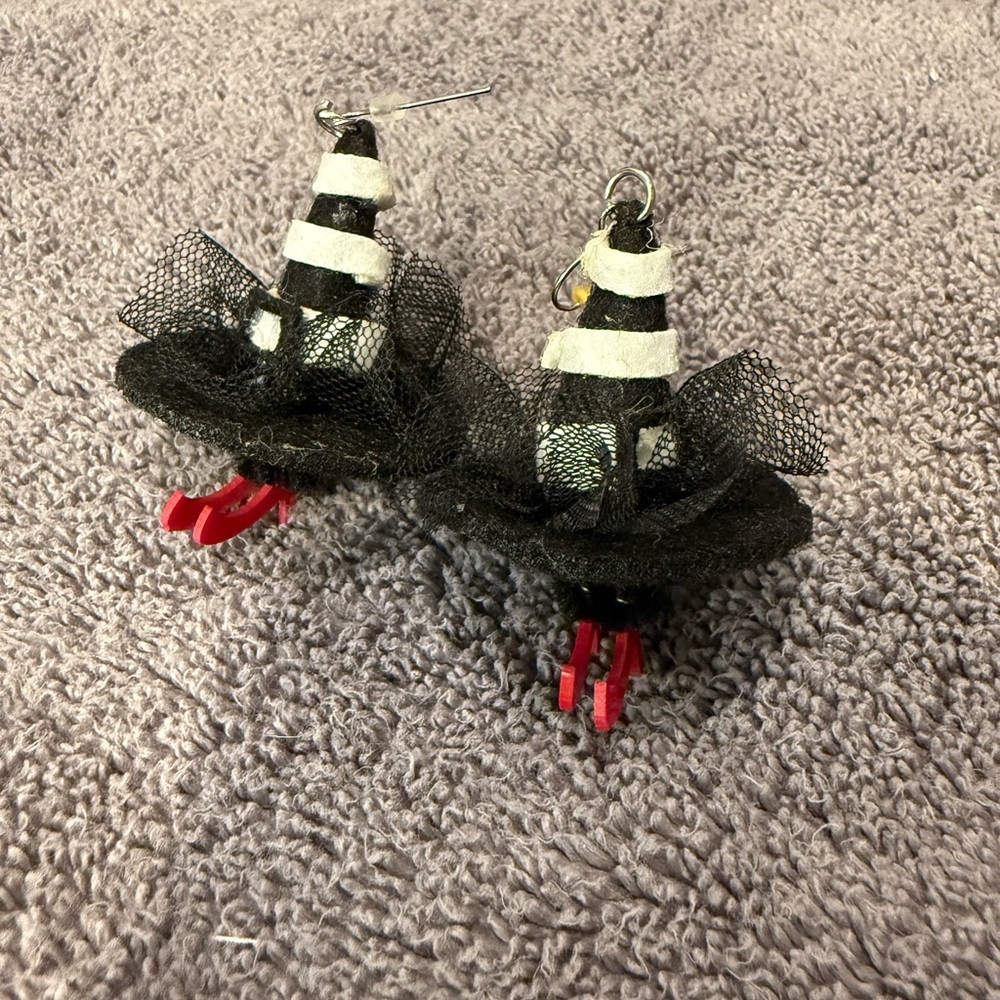 Vintage Witches Hat Black and White Striped Earrings with Red Accents